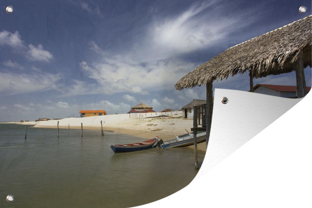 MuchoWow 90x60 cm Outdoor-Poster Gartendeko Sichtschutz Garten Poster für den Garten Strandhütten und Boote am Strand von São Luís in Brasilien