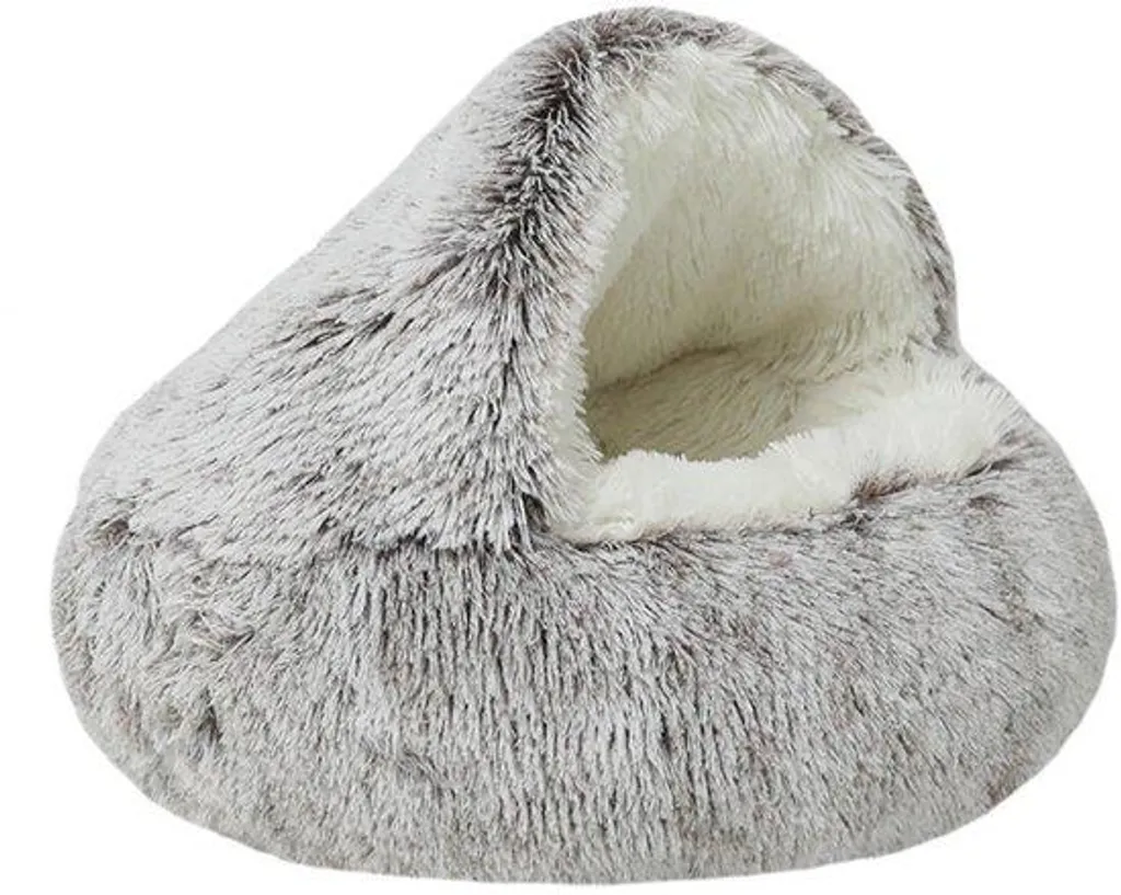 Petit panier rond marron Ø 50 cm pour chien et chat avec capuche peluche