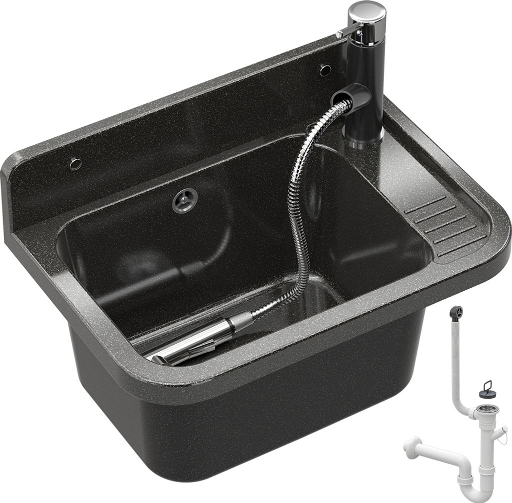 A black composite sink with a chrome faucet and a flexible hose is shown against a white background. A separate image of the plumbing system is in the bottom right corner.