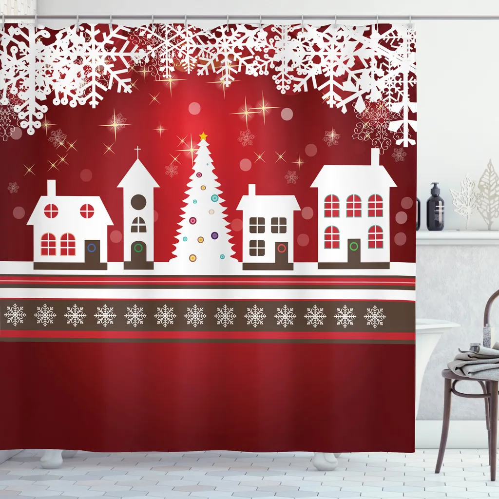 ABAKUHAUS Tenda da doccia natalizia, tema invernale con alberi, lavabile e facile da pulire con 12 ganci Stampa di alta qualità Colori resistenti Durevole, 175 x 180 cm, rosso e bianco