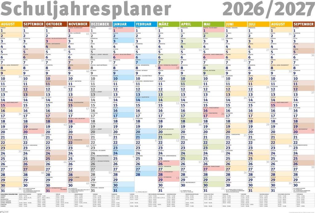 Schuljahresplaner 2026/2027 - Wandplaner Kalender Poster Druck - Grösse 91,5x61 cm gerollt