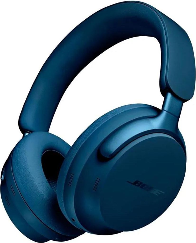 A close-up studio shot of a pair of blue Bose headphones against a white background.