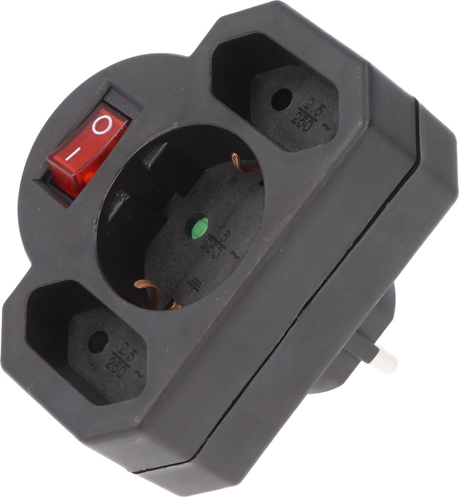 Multistecker 2x Euro und 1x Schutzkontakt schwarz mit Produktbild 