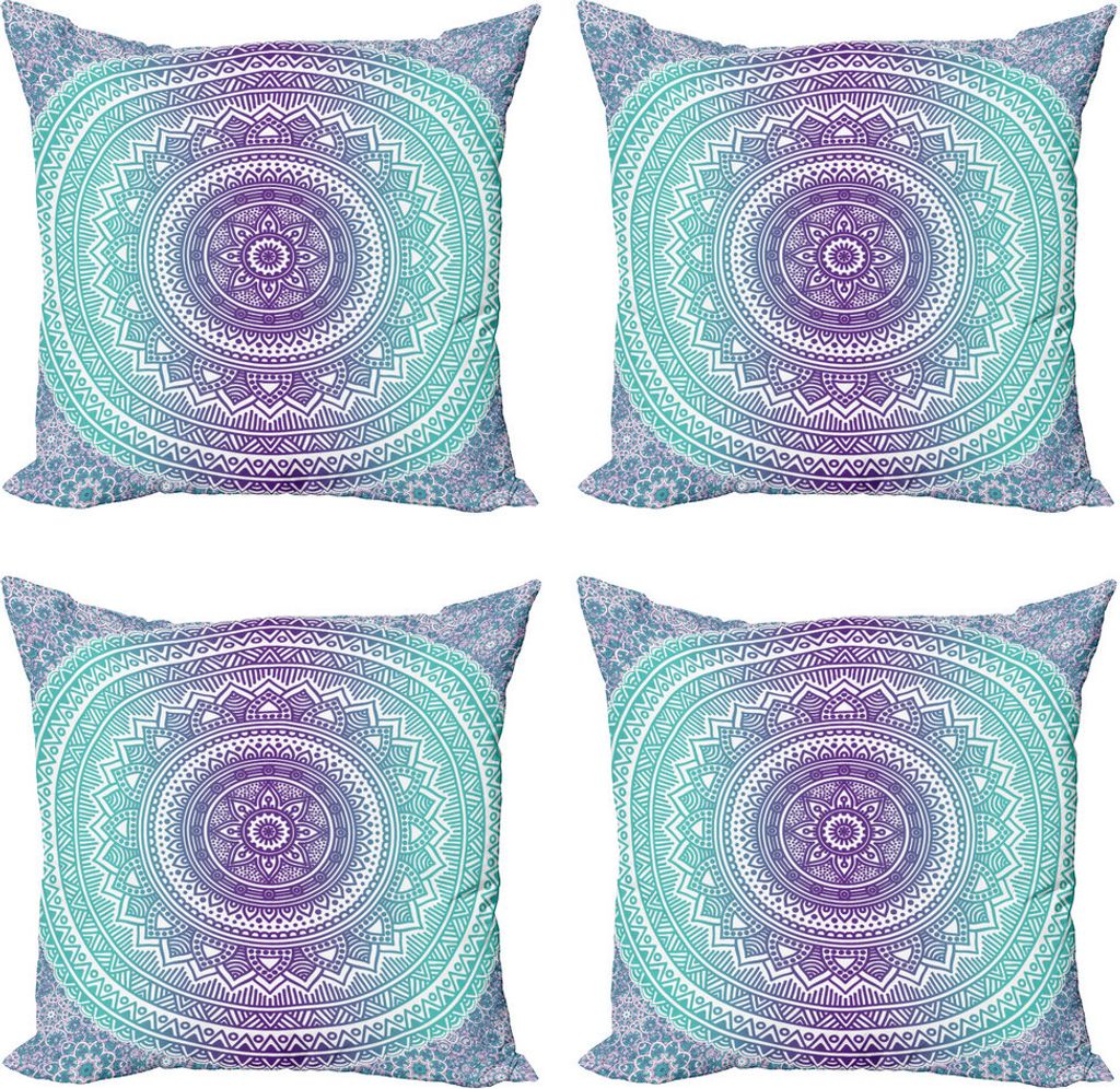 ABAKUHAUS Blau und Lila Kissenbezug Set (4 Stück), Hippie-Mandala, Moderner Doppelseitiger Digitaldruck, 40 cm x 40 cm, Lila