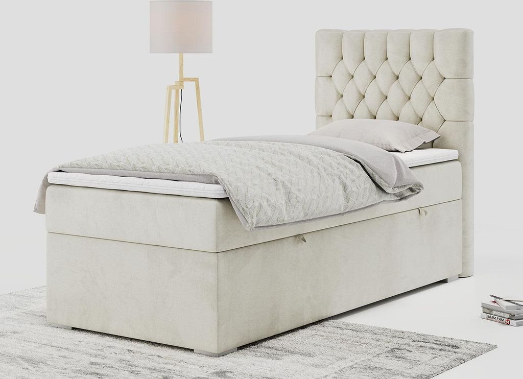 Einzelbett - Boxspringbett 90x200 mit Bettkasten und Matratzentopper - PERA 90 - rechts - Beige - H3