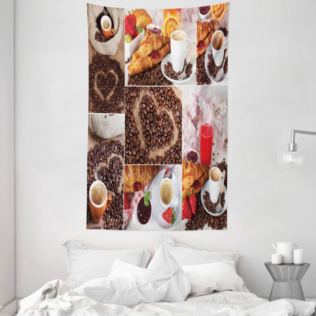 ABAKUHAUS Kaffee Wandteppich und Tagesdecke, Croissant und Kaffee aus Weiches Mikrofaser Stoff Waschbar ohne Verblassen Digitaldruck, 140 x 230 cm,...
