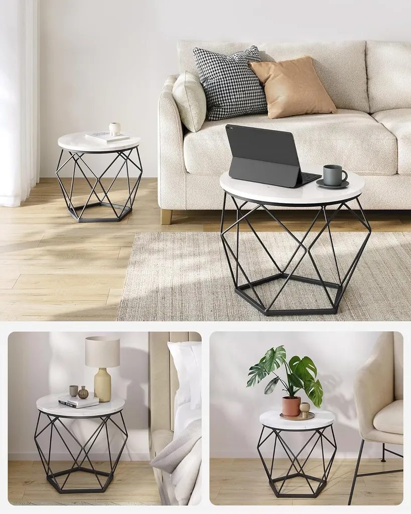 VASAGLE Set 2 Tavolini Rotondi Bianchi e Neri - Design Moderno Soggiorno - 6