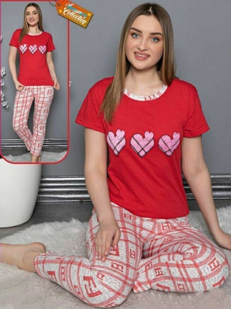 Damen Pyjama Schlafanzug Rot XXL Kurz 2-Teiler Set A-52