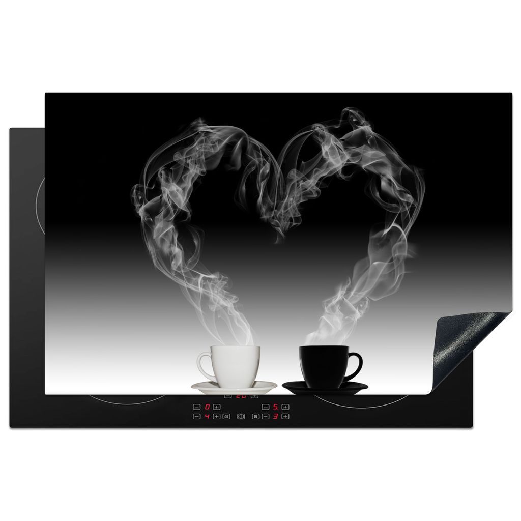 KitchenYeah Herdabdeckplatte Kaffee - Herz - Wasserdampf - Schwarz - Weiß , 81x52cm, Küche Deko, Glaskeramikkochfeld Herdabdeckung, Abdeckplatt...