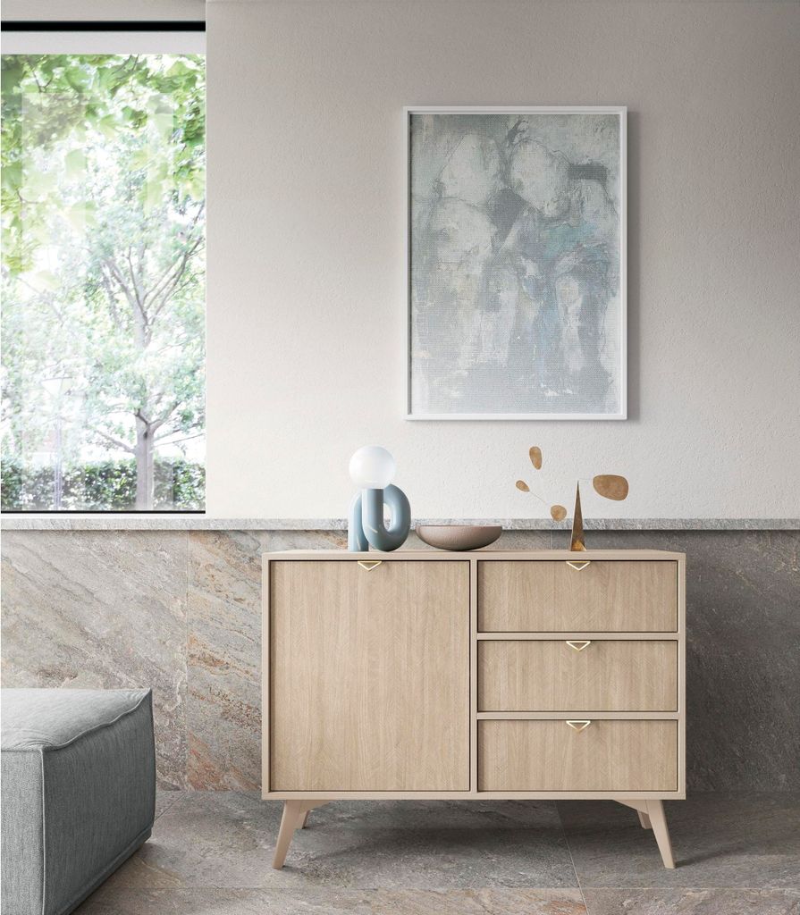 Kommode mit Fächer Fjord Sideboard mit dekorativen Türen Kommode im skandinavischen Stil Mintgrün Kommode mit Schubladen, Farbe: Beige, Sandbeige