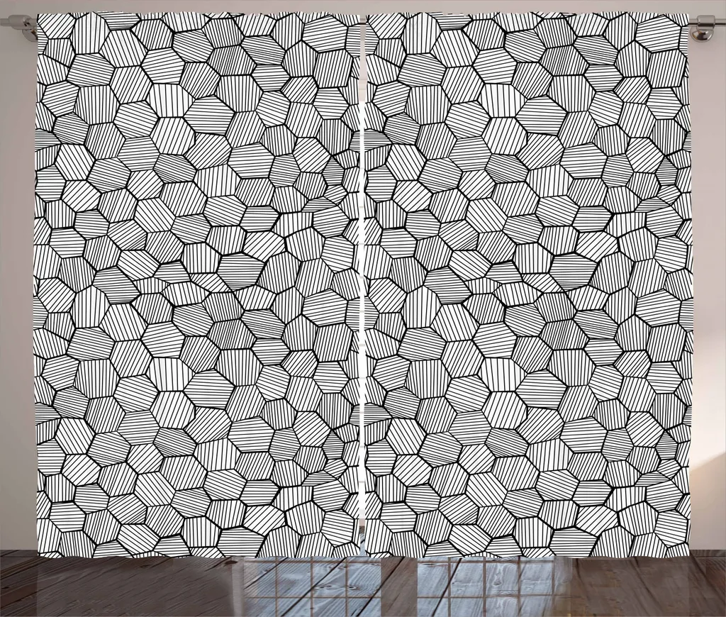 ABAKUHAUS Tenda geometrica rustica, Sketch Hexagon Shapes, tenda con passanti e ganci per camera da letto, 280 x 245 cm, bianco e nero
