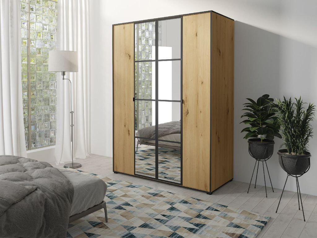 Kleiderschrank Schiebetürenschrank mit Kleiderstange OSLO I 150 mit Spiegel Eiche Artisan