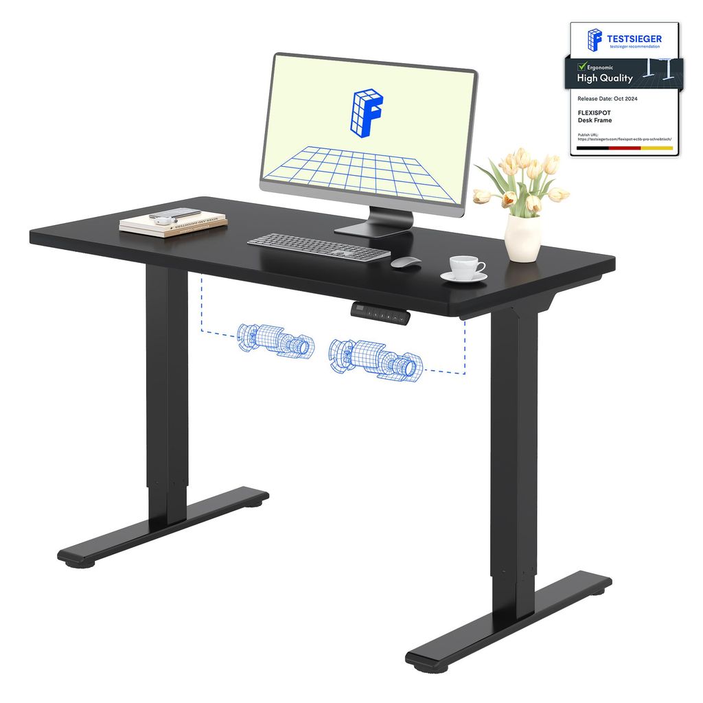 A black standing desk with a computer monitor, keyboard, mouse, and a vase of flowers.