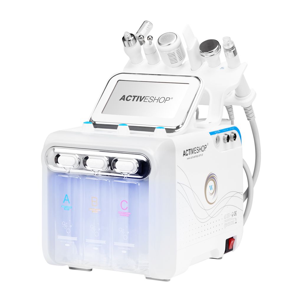 A white cosmetic device with multiple attachments and a screen, set against a white background.