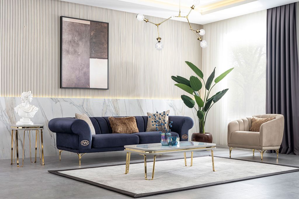 Moderne Blau-Beige Sofagarnitur Wohnzimmer Designer 3+1 -Sitzer Luxus Sessel