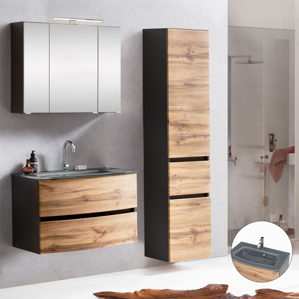 Waschplatz Badezimmer Set mit Glasbecken grau LAURIA-03 in Graphitgrau mit Wotaneiche Nb., BxHxT: ca. 140x200x49 cm
