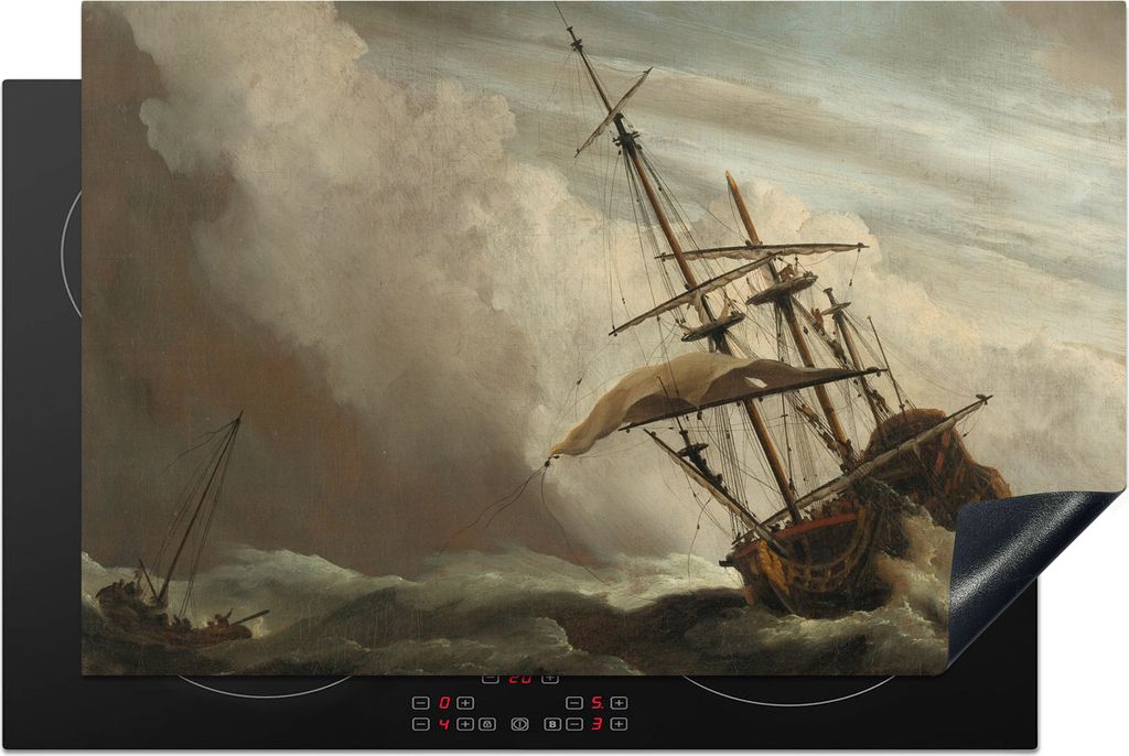 KitchenYeah Herdabdeckplatte Ein Schiff auf offener See während eines Sturms - Gemälde von Willem van de Velde , 80x52cm, Küche Deko, Glaskera...