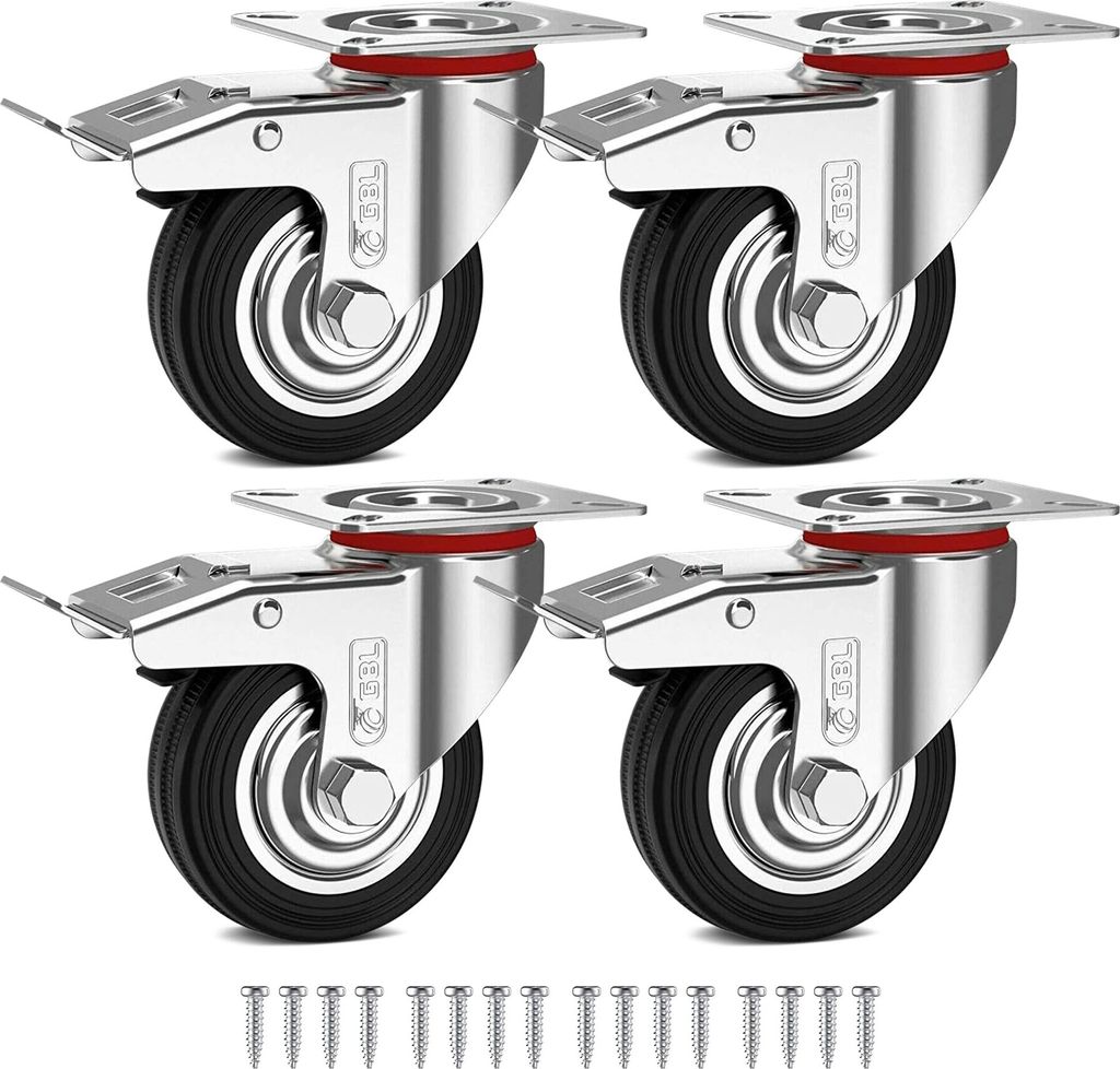 GBL 4x Möbelrollen mit Bremse - 4 Schwerlast Rollen für Möbel mit Bremse - 75mm x 200kg Schwerlastrollen - Lenkrollen Transportrollen Laufrollen -
