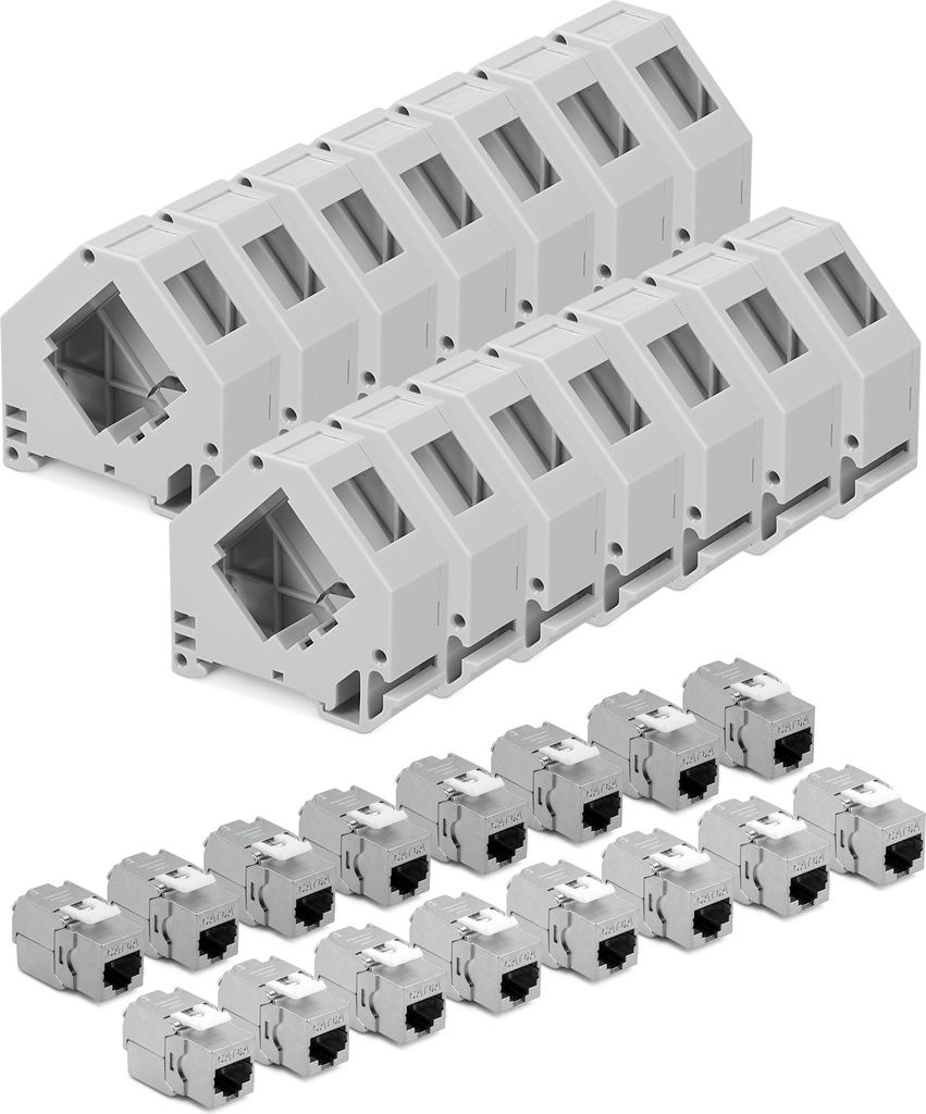 kwmobile Keystone Modul und Hutschienenadapter Set - passt auf genormte Hutschiene - 16x CAT6A Module 16x Halter - RJ45 Buchse geschirmt - werkzeuglos