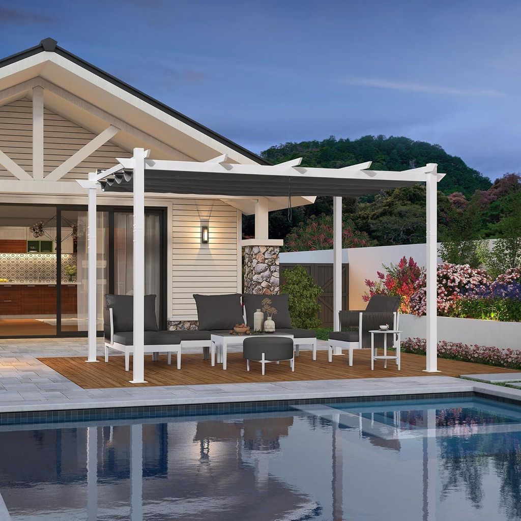PURPLE LEAF Garten Pergola 3x4 m Aluminium Terrassenüberdachung, Weißer Rahmen mit grauem Schiebedach, stabiler Pavillon mit Markisenschutz