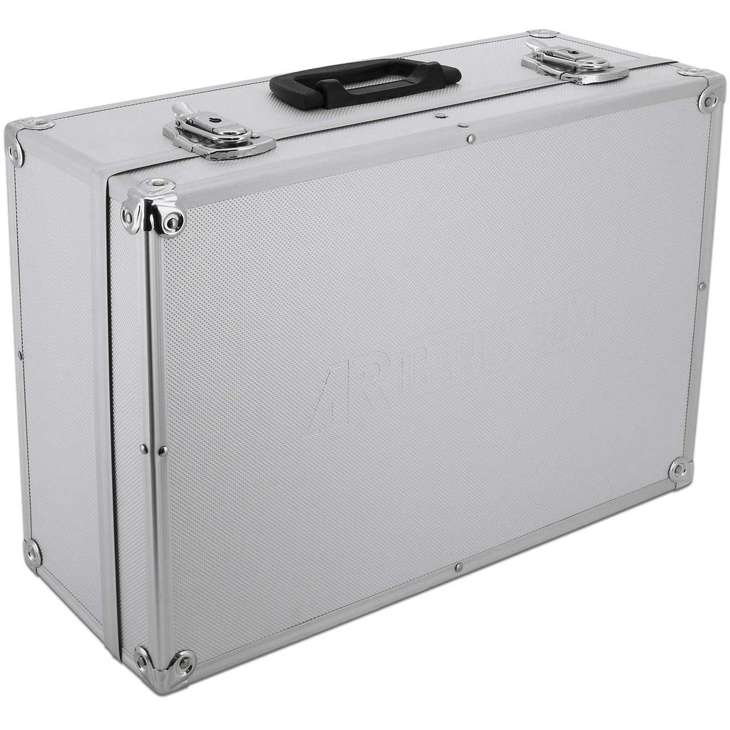 A silver briefcase with a textured surface and metal corner protectors.