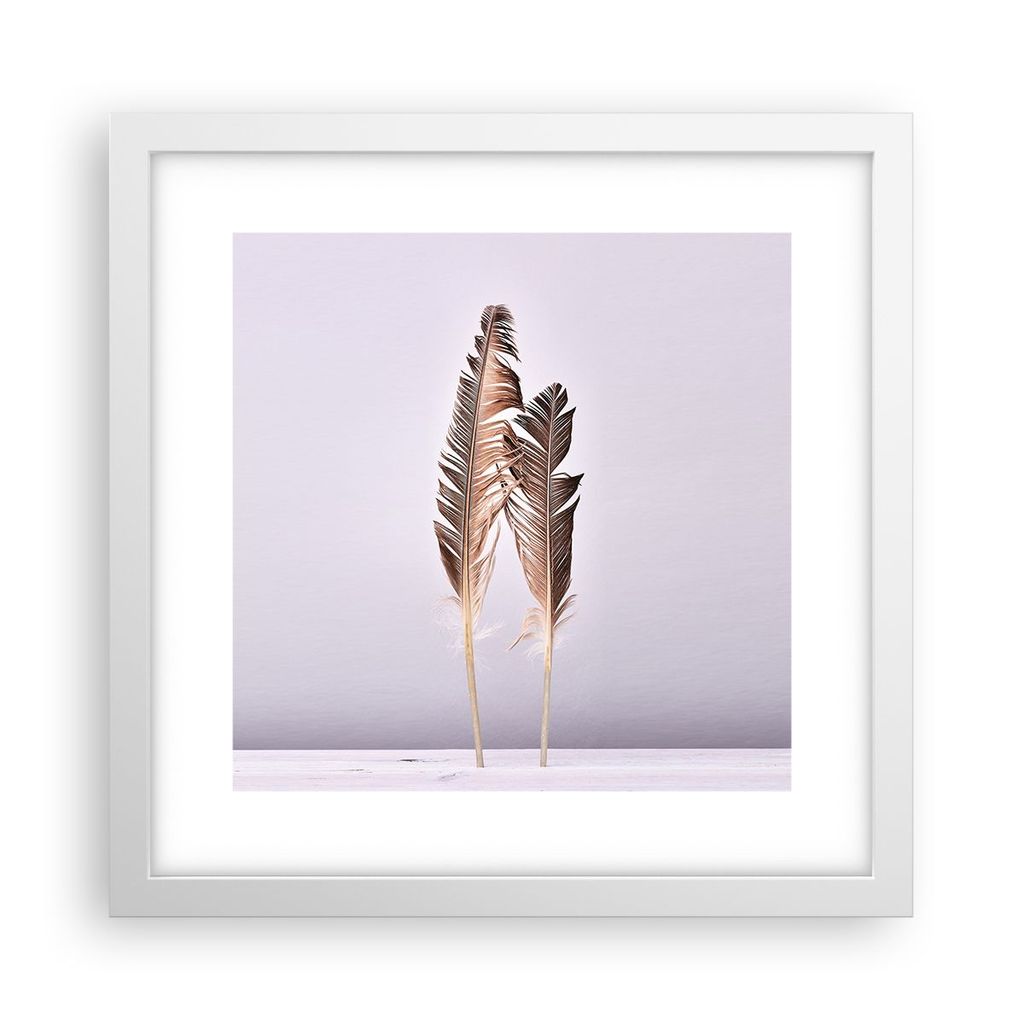 Gerahmtes Poster - Weißer Rahmen - Zwei Federn Flieder - 30x30 cm - Wand Bild - Wanddeko - Wandbilder - Kunstposter - Wandposter - Bilderrahmen - ...