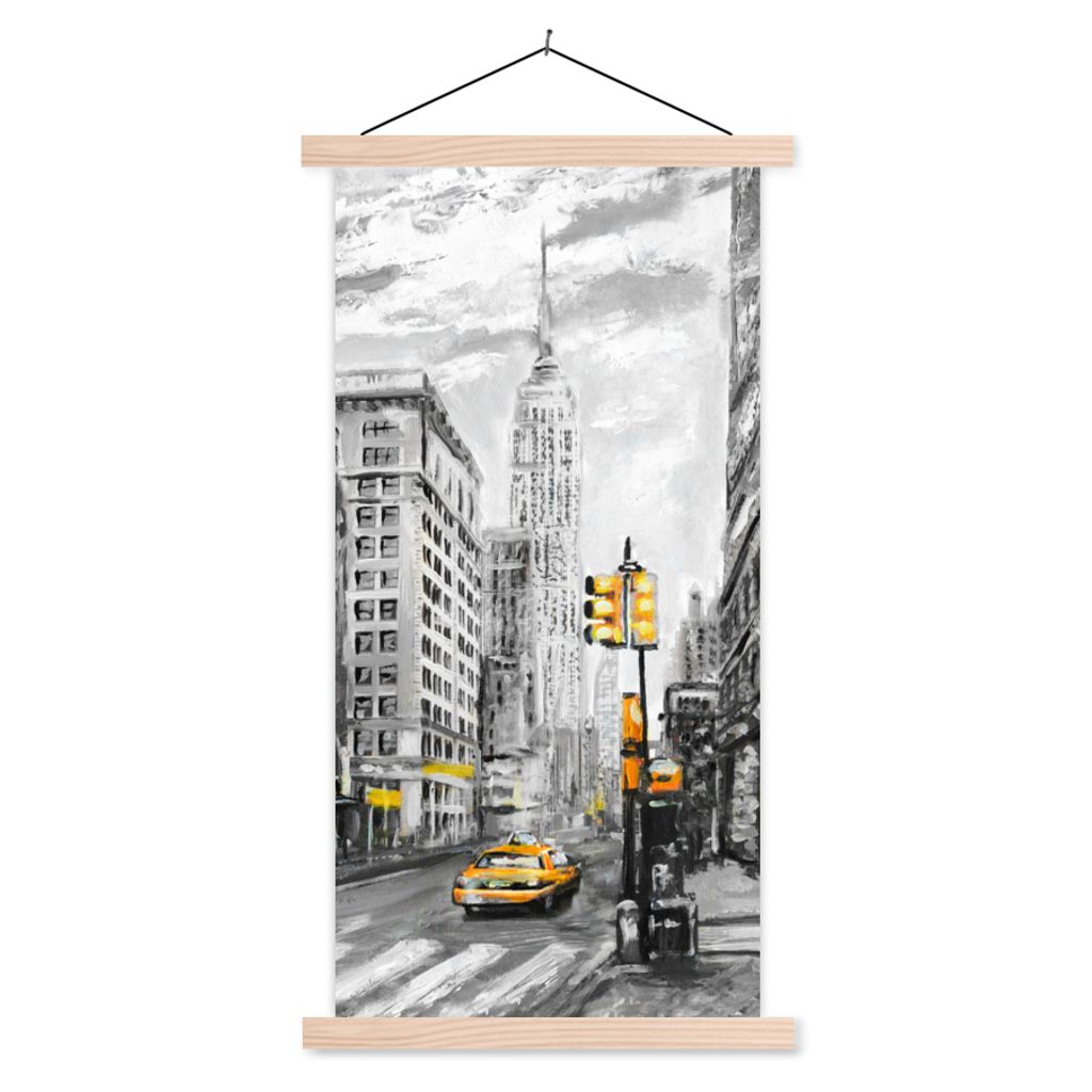 MuchoWow Textilposter Malerei - Stadt - Auto - Gelb 40x80 cm mit holzfarbenen Rahmen - Wohnzimmer