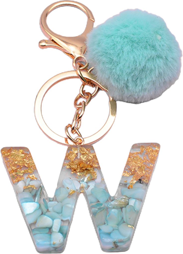 Buchstaben-Anhänger, Plüschball, Schlüsselanhänger, Harz, Pailletten-Schnalle, Schlüsselanhänger, Halter, Charm-Dekoration-W