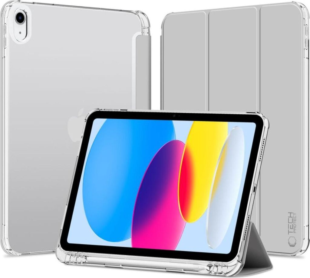 A collage of images showing a clear protective case for an iPad, with one image showing the back of the iPad in the case, another showing the front with the cover folded as a stand, and a third showing the iPad with the case from a diagonal angle.