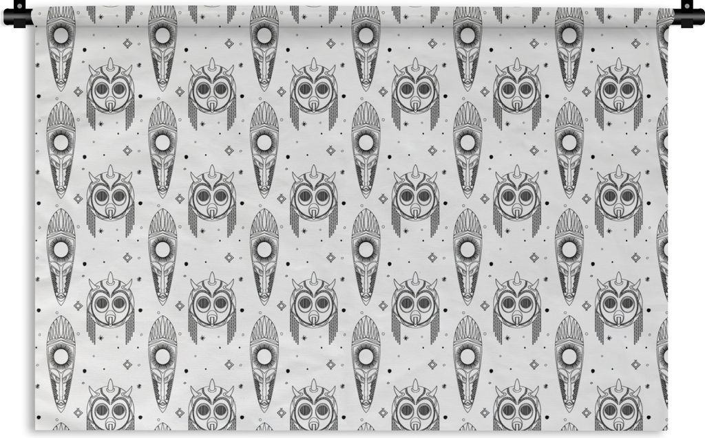MuchoWow Wandteppich Wandbehang Maya - Masken - Schwarz und weiß - Muster 150x100 cm Tapisserie Dekoration Wandtuch - Waschbar - Tapisserien - W...
