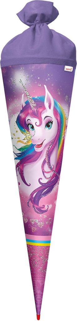 ROTH Schultüte groß Einhornportrait 70 cm mit Glittereffekt rund Rot(h)-Spitze Filzverschluss Zuckertüte Schulanfang