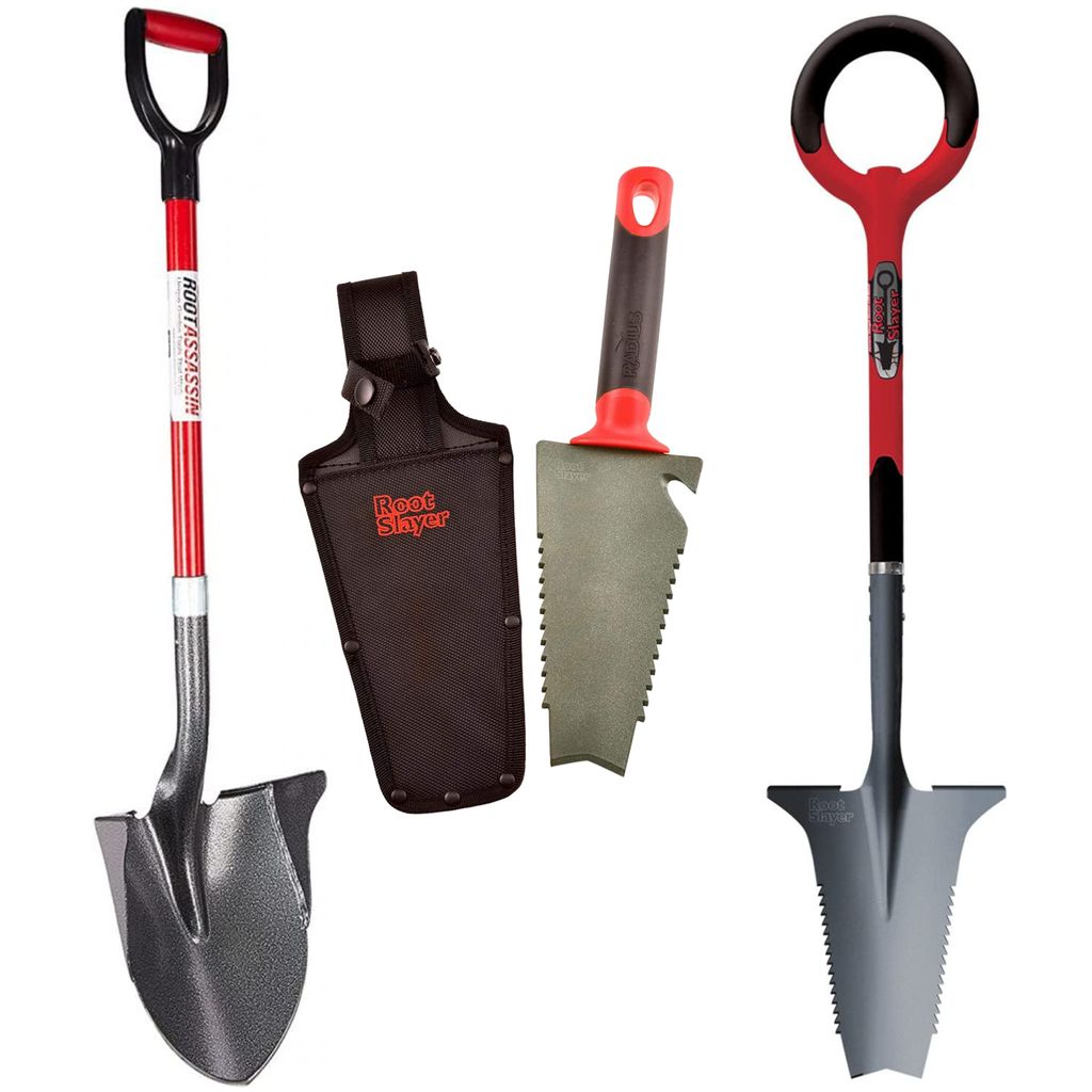 Root Slayer Set Wurzelspaten + Blumenkelle + Gartenschaufel, ergonomisch & robust, Spaten & Schaufel mit Schneidspitze & Wurzelsäge, rot