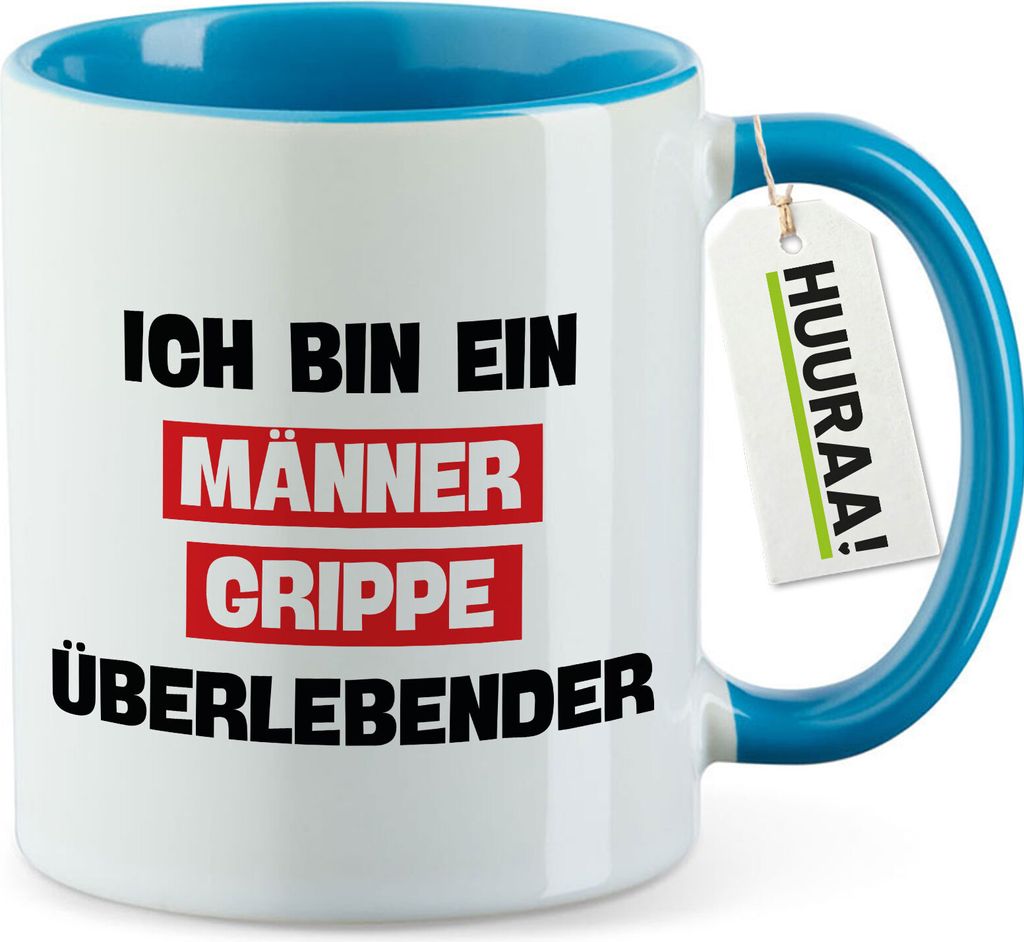 Huuraa Kaffeetasse Ich bin ein Männergrippe überlebender 330ml Blau Keramik Kaffeebecher Geschenkidee