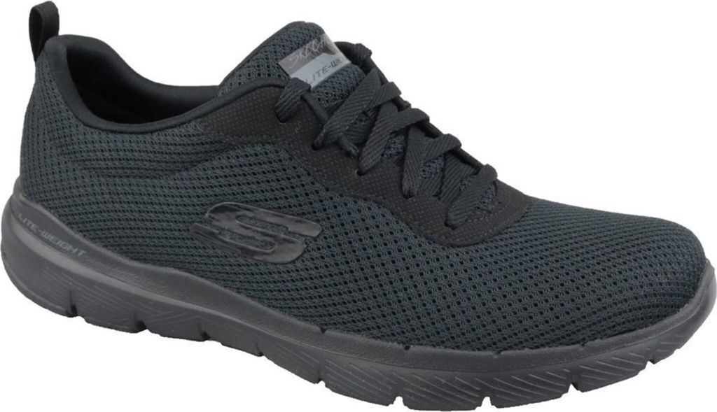 A black Skechers Flex Appeal 3.0 shoe is shown from the side against a white background.