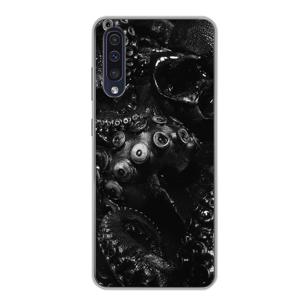 MuchoWow Handyhülle Schutzhülle Hülle für Samsung Galaxy A30s Nahaufnahme Oktopus auf schwarzem Hintergrund in schwarz und weiß Silikon Soft...