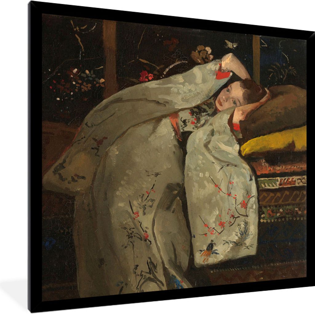 MuchoWow Gerahmtes Poster Mädchen im weißen Kimono - Gemälde von George Hendrik Breitner 40x40 cm - Poster mit Schwarzem Bilderrahmen Wandpost...
