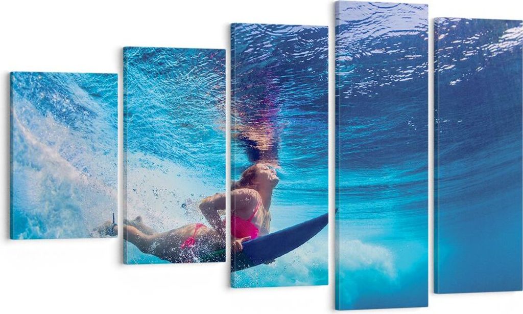 Bild auf Leinwand - Leinwandbild - 5 Teile - Surfen Frau Unterwasser - 100x60cm - Wand Bild - Wanddeko - Wandbilder - Leinwanddruck - Bilder - Wand...