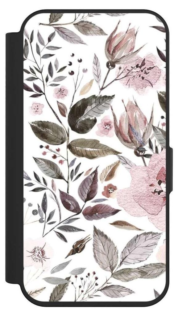 NIVOCASE Klapphülle für Apple iPhone 15 Pro Handyhülle aus Kunst Leder NIVOflip schwarz Blumen Pastell Wasserfarbe