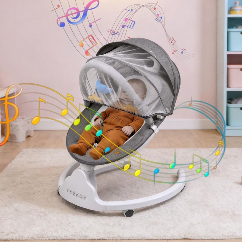 Elektrische Babywippe 6 in 1 mit Rädern Musik und 5 Schwinggeschwindigkeiten 3 Sitzpositionen mit Moskitonetz grau