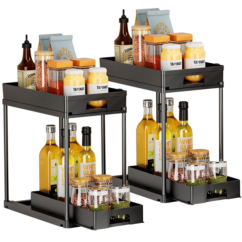 Unter-Schränke Organizer, 2er-Pack ausziehbare Küchen- und Badezimmer-Aufbewahrung, 2-stufige schwarze Aufbewahrung mit 8 Haken für Bad und Küche.