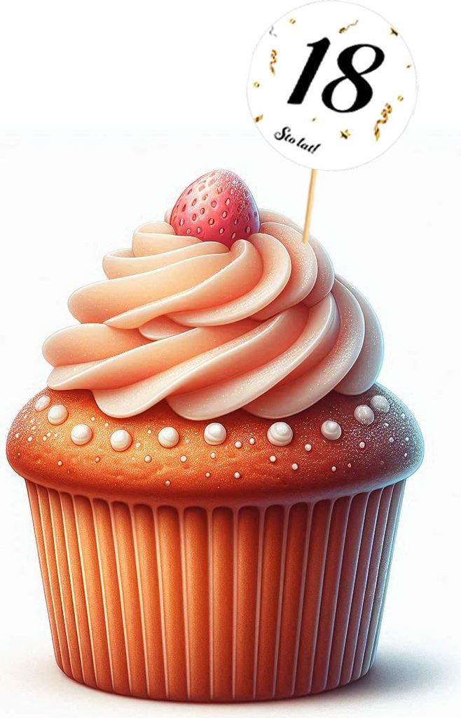 Topper zum 18. Geburtstag, weißer Hintergrund, schwarze Schrift, 6 Stück.