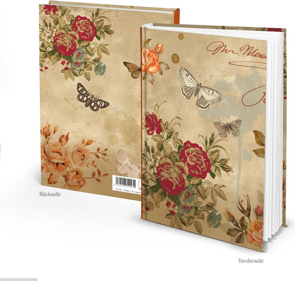 Kleines Nostalgie Notizbuch DIN A5 beige rosa floral mit Rosen & Schmetterlingen