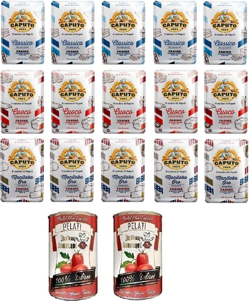 Farina Molino Caputo Test Pack Napoli Pizza Flour 15 x 1 kg + Italian Gourmet 100% italienische geschälte Tomaten dosen 2x 400g