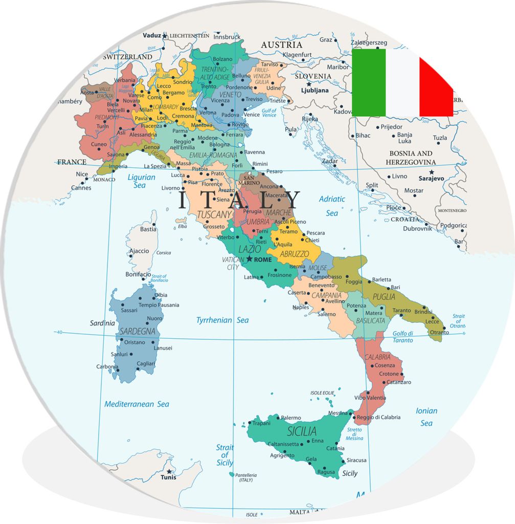 MuchoWow Rundes Wandbild - Runde Bilder Karte von Italien Ø 30 cm Kreis Wanddekoration Kunststoff - Wandkreis - Wandschmuck - Schlafzimmer - Bil...