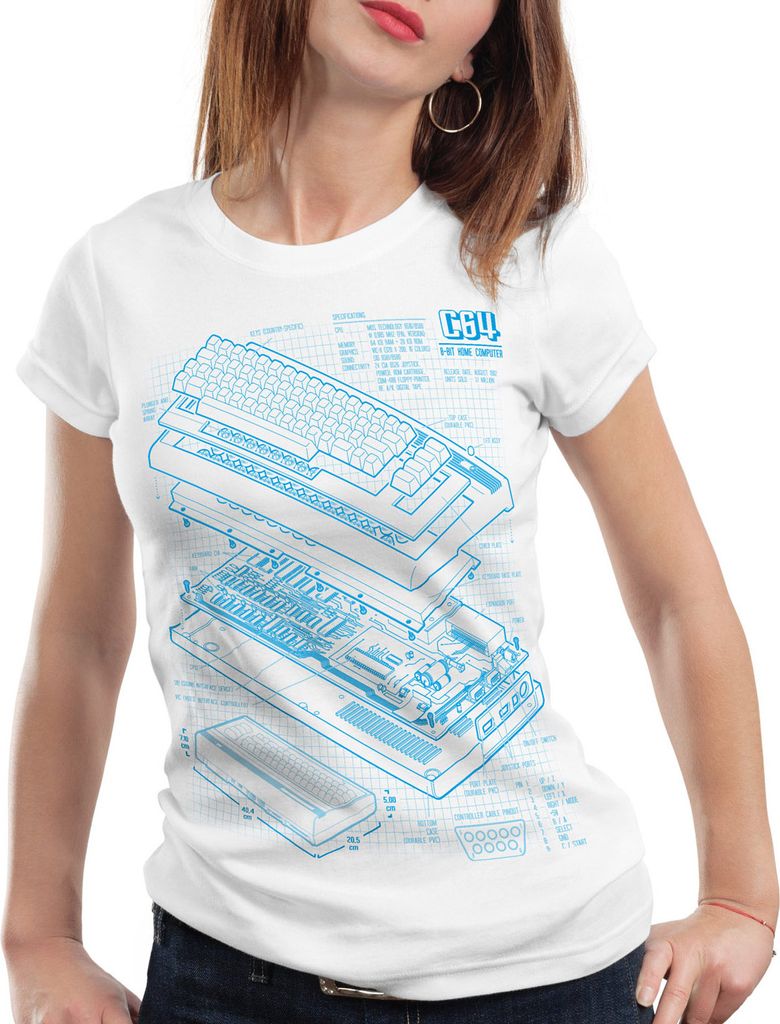 style3 C64 Heimcomputer Blaupause Damen T-Shirt classic gamer, Farbe:Weiß, Größe:S
