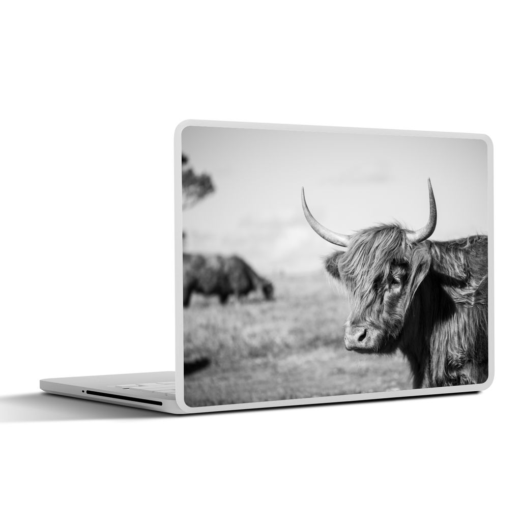 MuchoWow Laptop Aufkleber Sticker Cover Schottischer Highlander - Tiere - Schwarz - Weiß 30x21 cm - Sticker für Laptop - Selbstklebend