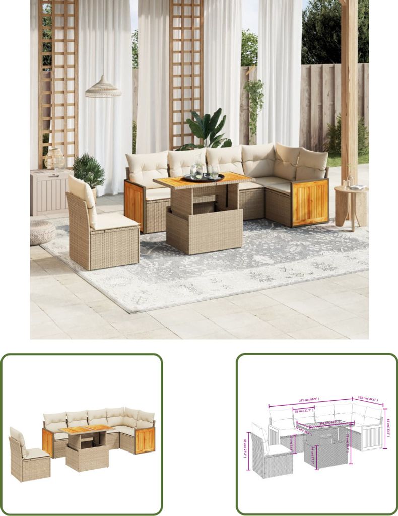 The Living Store 7-tlg. Garten-Sofagarnitur mit Kissen Beige Poly Rattan