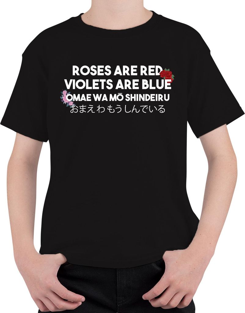 OMAE WA MŌ SHINDEIRU ROSES ARE RED Anime Otaku Japanisch Meme Uni Kinder T-Shirt, Schwarz, 152