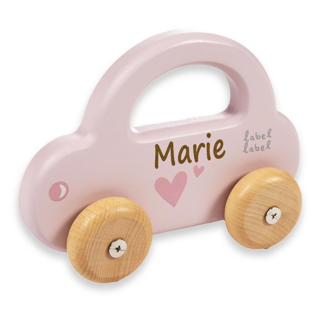 Spielzeug Auto aus Holz rosa personalisiert mit Name Baby Geschenk mit Gravur
