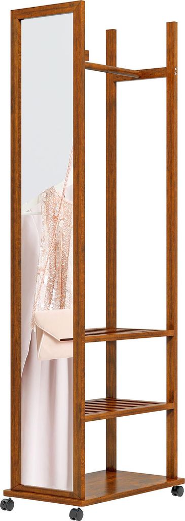 2-in-1 Ganzkörperspiegel mit Garderobe: 1 Kleiderstange, 3 Regale, 35,8 x 59,8 x 170 cm, Naturholz – Praktischer Wandspiegel mit Stauraum